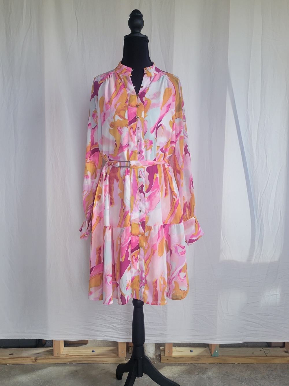 Floral Pink & Mustard Tiered Shirt Dress